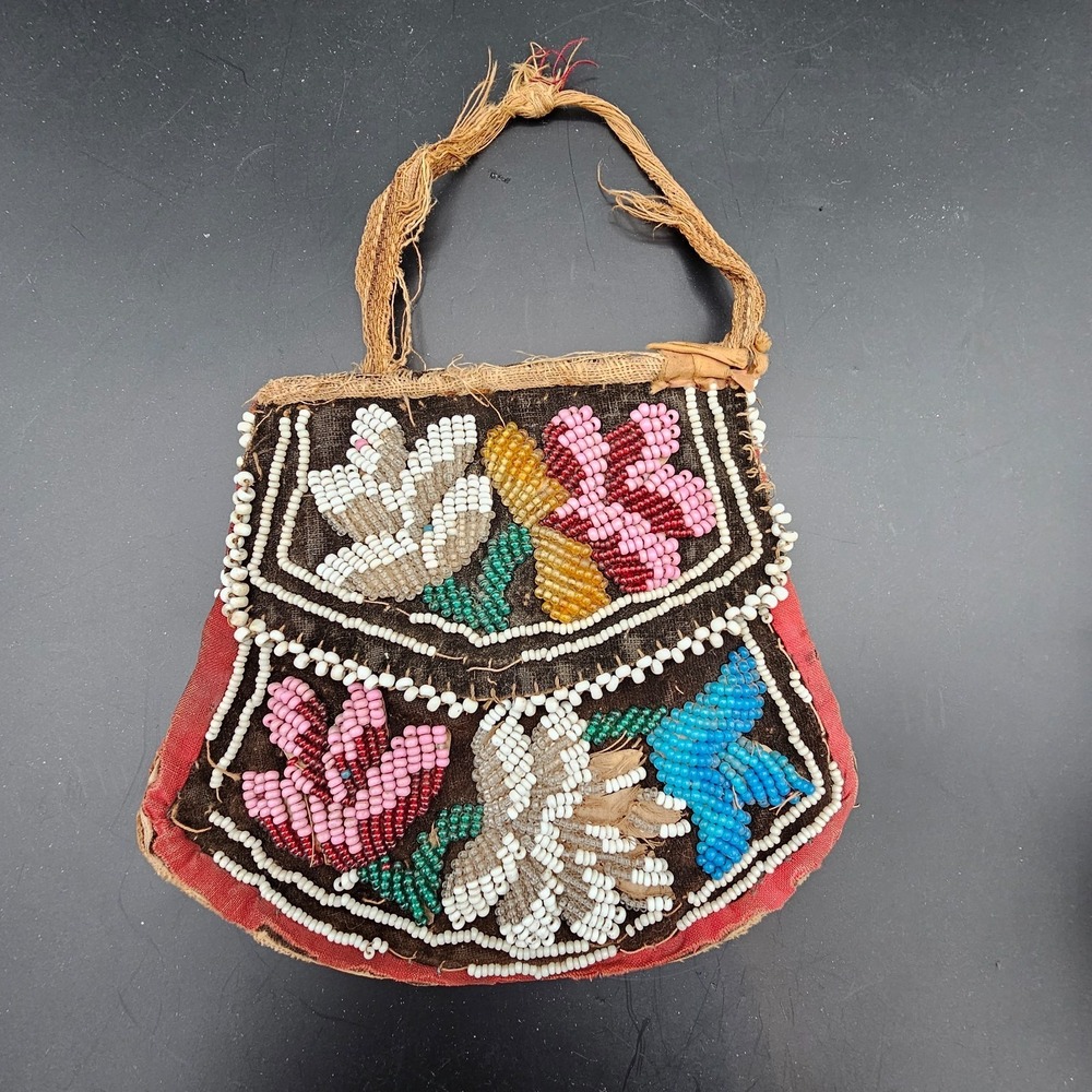 Antique Native American‎ Iroquois Beaded Velvet Purse Floral Flaps 1890s-1910s